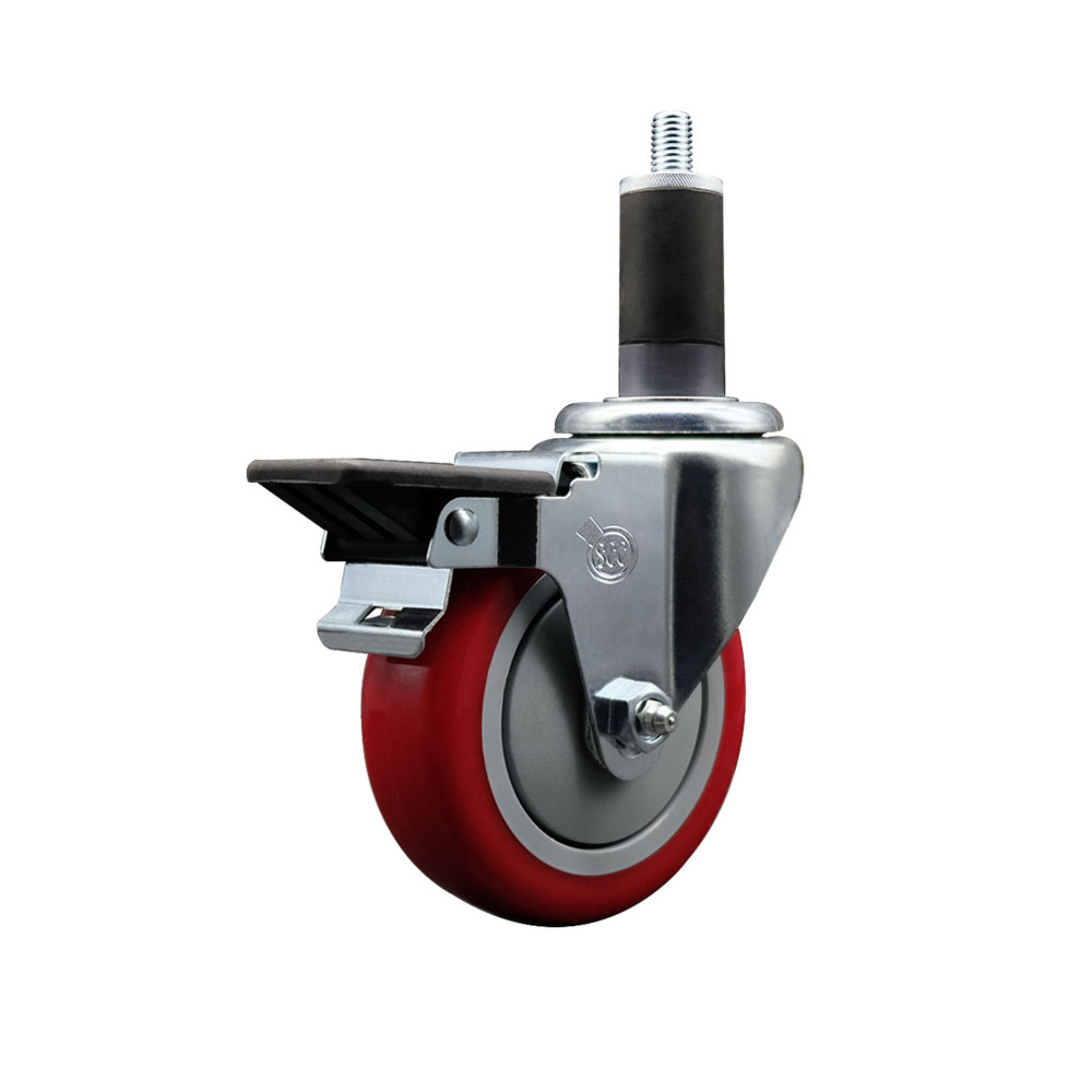 Polyurethane Expanding Stem Swivel Caster with 4 Inch Red Wheel and 1-1/4" Stem & Posi Locking Brake - 350 lbs. Capacity Per Caster - Service Caster Brand — photo 1