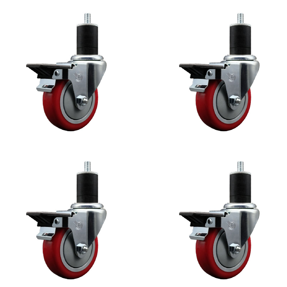 Polyurethane Swivel Expanding Stem Caster Set of 4 with 4 Inch Red Wheels and 1-3/4" Stems - Includes 4 Swivel with Posi Locking Brakes - 350 lbs. Capacity Per Caster - Service Caster Brand — photo 1