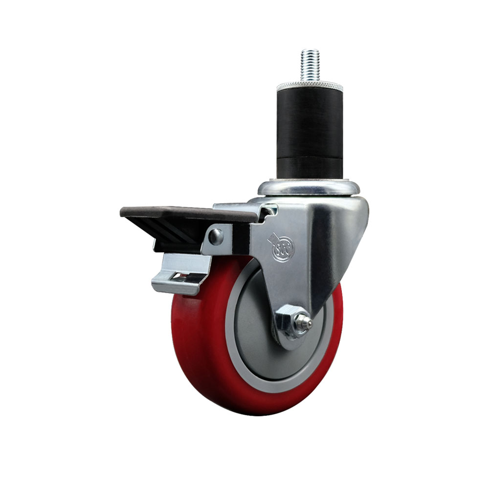 Polyurethane Expanding Stem Swivel Caster with 4 Inch Red Wheel and 1-3/4" Stem & Posi Locking Brake - 350 lbs. Capacity Per Caster - Service Caster Brand — photo 1
