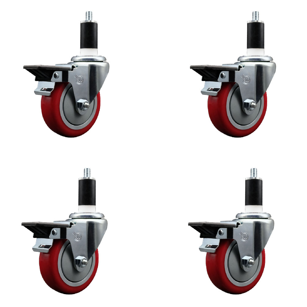 Polyurethane Swivel Expanding Stem Caster Set of 4 with 4 Inch Red Wheels and 1-3/8" Stems - Includes 4 Swivel with Posi Locking Brakes - 350 lbs. Capacity Per Caster - Service Caster Brand — photo 1