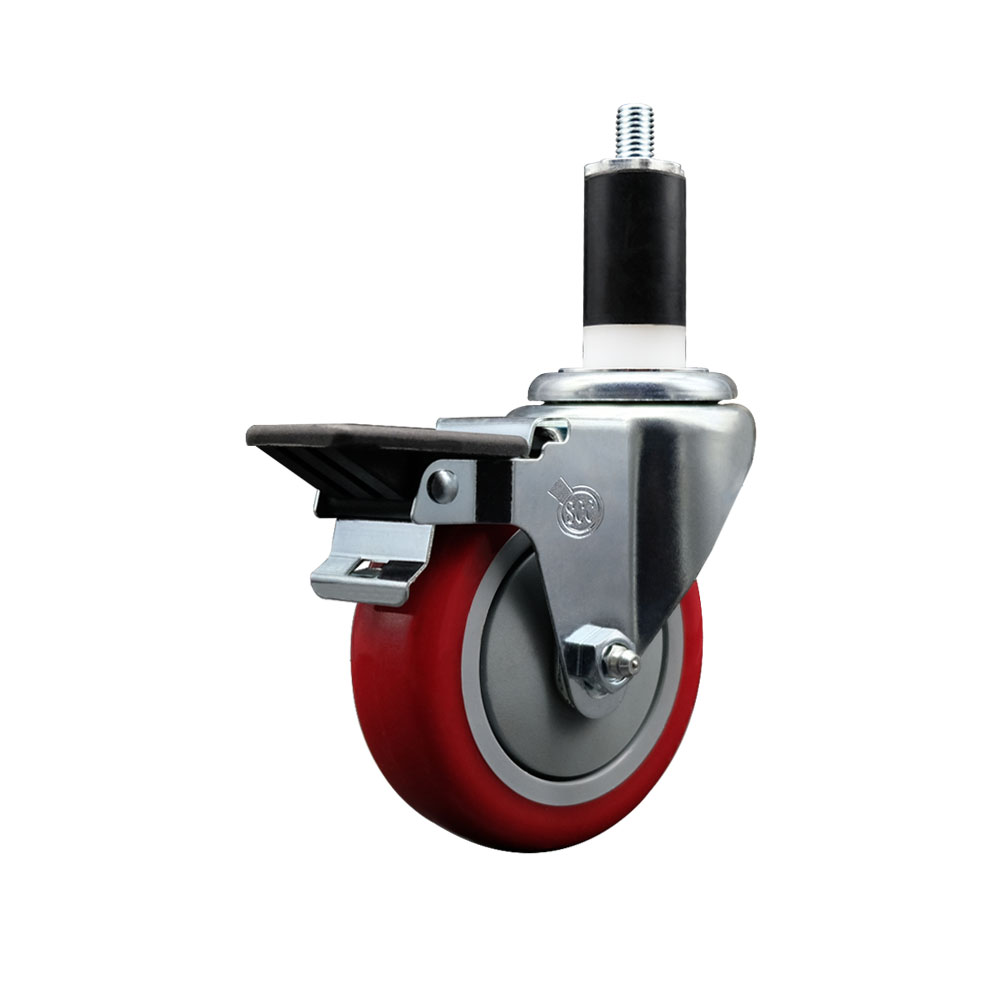 Polyurethane Expanding Stem Swivel Caster with 4 Inch Red Wheel and 1-3/8" Stem & Posi Locking Brake - 350 lbs. Capacity Per Caster - Service Caster Brand — photo 1