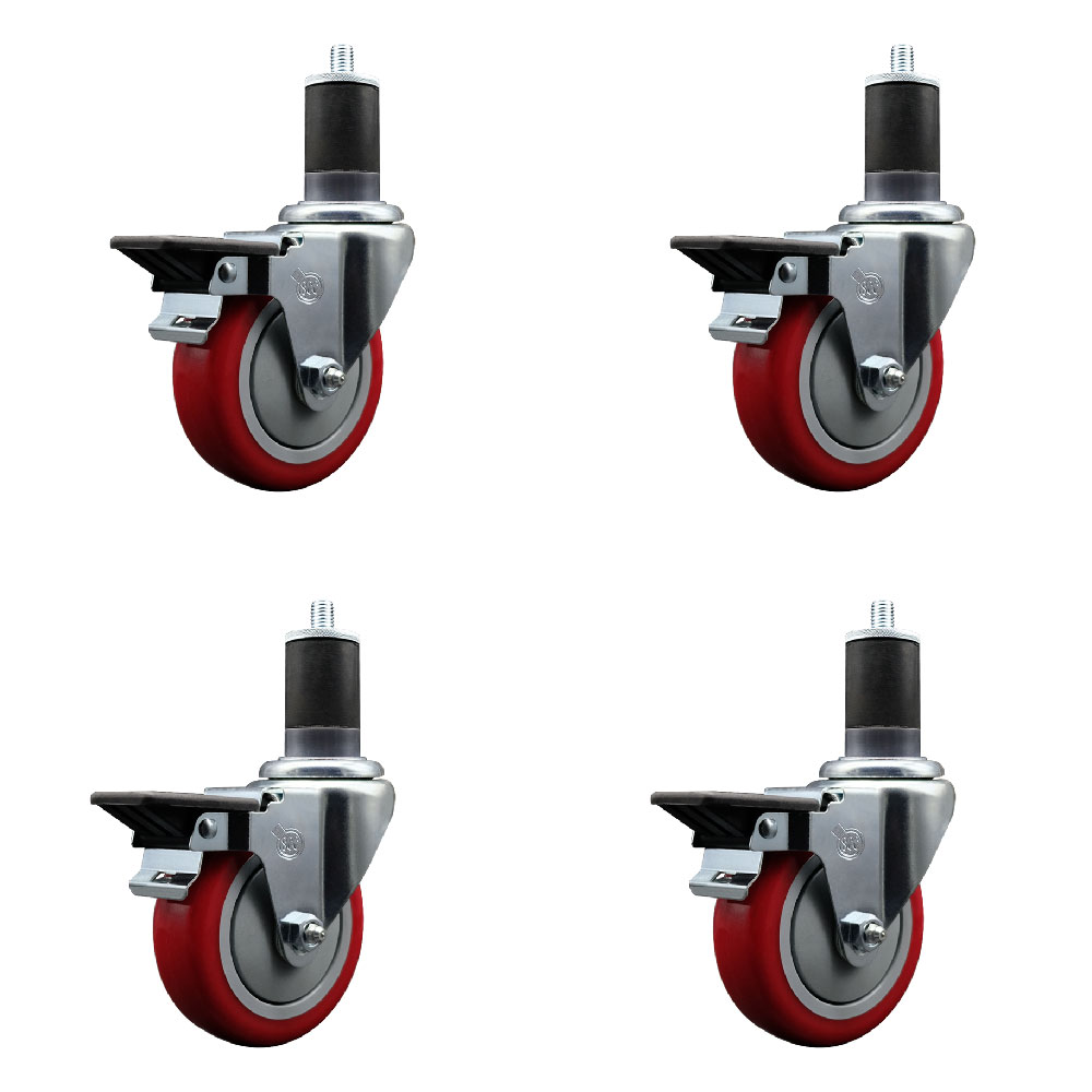 Polyurethane Swivel Expanding Stem Caster Set of 4 with 4 Inch Red Wheels and 1-5/8" Stems - Includes 4 Swivel with Posi Locking Brakes - 350 lbs. Capacity Per Caster - Service Caster Brand — photo 1