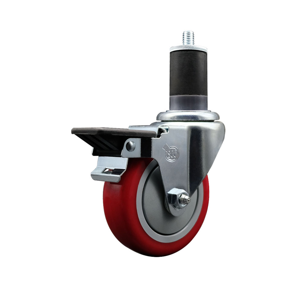 Polyurethane Expanding Stem Swivel Caster with 4 Inch Red Wheel and 1-5/8" Stem & Posi Locking Brake - 350 lbs. Capacity Per Caster - Service Caster Brand — photo 1