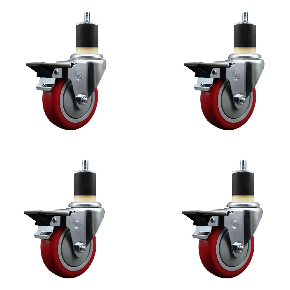 Polyurethane Swivel Expanding Stem Caster Set of 4 with 4 Inch Red Wheels and 1-7/8" Stems - Includes 4 Swivel with Posi Locking Brakes - 350 lbs. Capacity Per Caster - Service Caster Brand — photo 1