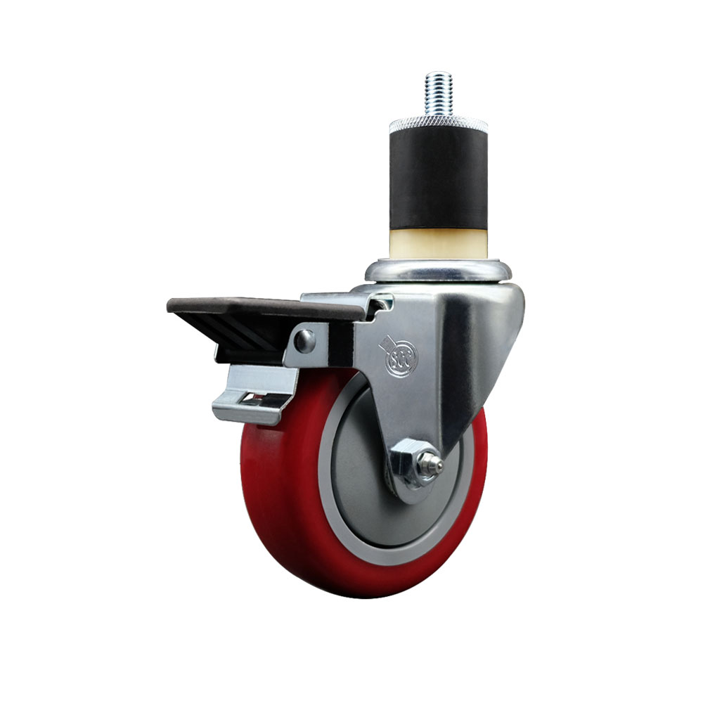 Polyurethane Expanding Stem Swivel Caster with 4 Inch Red Wheel and 1-7/8" Stem & Posi Locking Brake - 350 lbs. Capacity Per Caster - Service Caster Brand — photo 1