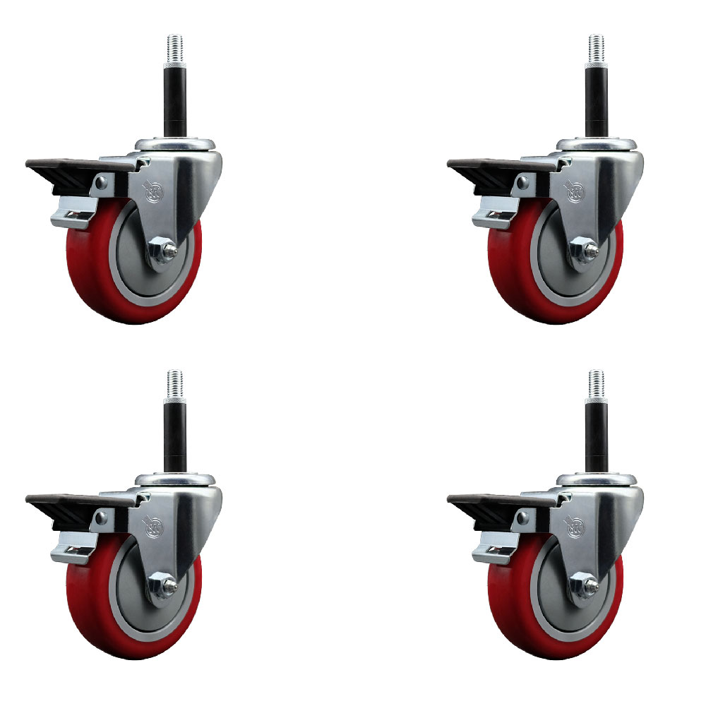 Polyurethane Swivel Expanding Stem Caster Set of 4 with 4 Inch Red Wheels and 3/4" Stems - Includes 4 Swivel with Posi Locking Brakes - 350 lbs. Capacity Per Caster - Service Caster Brand — photo 1