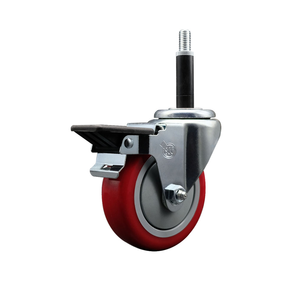 Polyurethane Expanding Stem Swivel Caster with 4 Inch Red Wheel and 3/4" Stem & Posi Locking Brake - 350 lbs. Capacity Per Caster - Service Caster Brand — photo 1