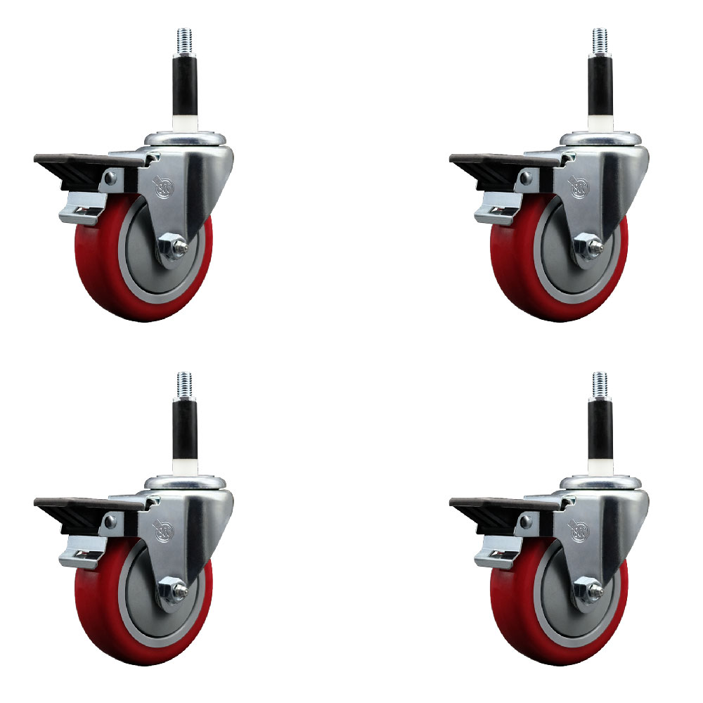 Polyurethane Swivel Expanding Stem Caster Set of 4 with 4 Inch Red Wheels and 7/8" Stems - Includes 4 Swivel with Posi Locking Brakes - 350 lbs. Capacity Per Caster - Service Caster Brand — photo 1