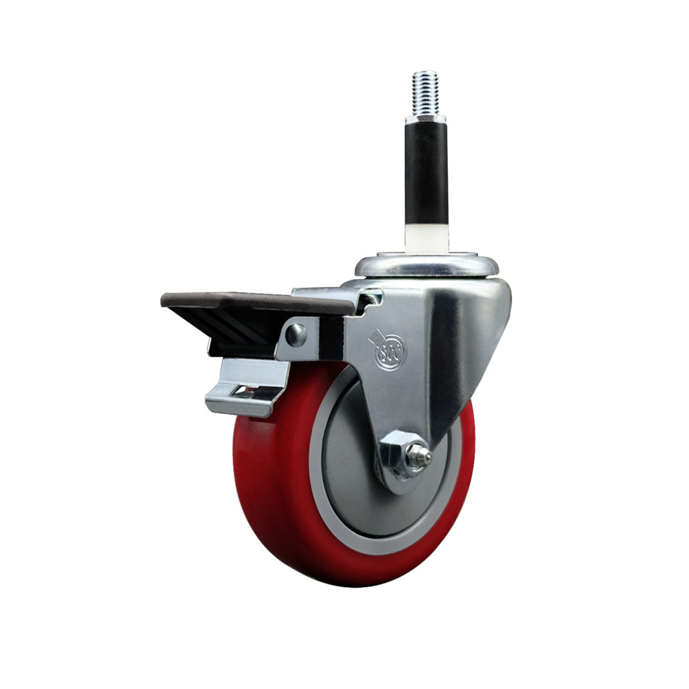 Polyurethane Expanding Stem Swivel Caster with 4 Inch Red Wheel and 7/8" Stem & Posi Locking Brake - 350 lbs. Capacity Per Caster - Service Caster Brand — photo 1