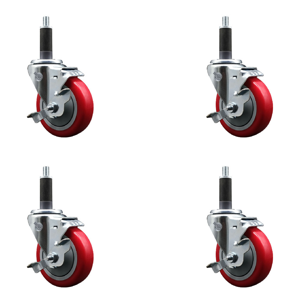 Stainless Steel Polyurethane Swivel Expanding Stem Caster Set of 4 with 4 Inch Red Wheels and 1" Stems - Includes 4 Swivel with Top Locking Brakes - 350 lbs. Capacity Per Caster - Service Caster Brand — photo 1