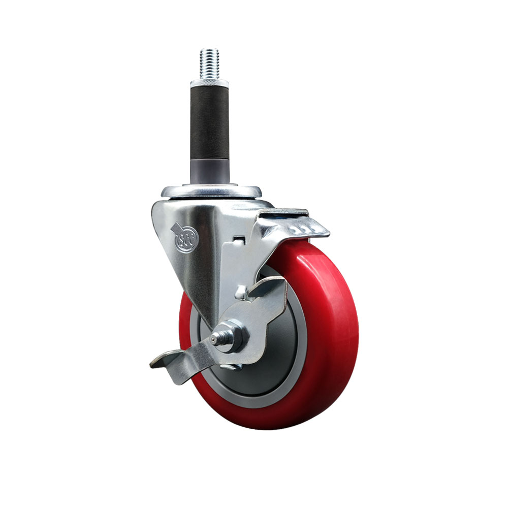 Polyurethane Expanding Stem Swivel Caster with 4 Inch Red Wheel and 1" Stem & Top Locking Brake - 350 lbs. Capacity Per Caster - Service Caster Brand — photo 1