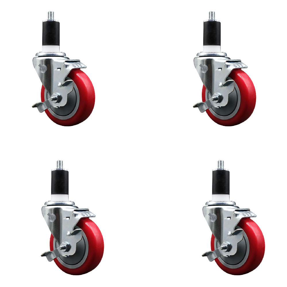 Service Caster Brand Replacement Set for Uline Casters - Swivel 1-1/2 Inch Expanding Stem Casters with 4 Inch Red Polyurethane Wheel-Includes 4 Swivel Casters and Brakes - Fits Uline Worktable H-5746