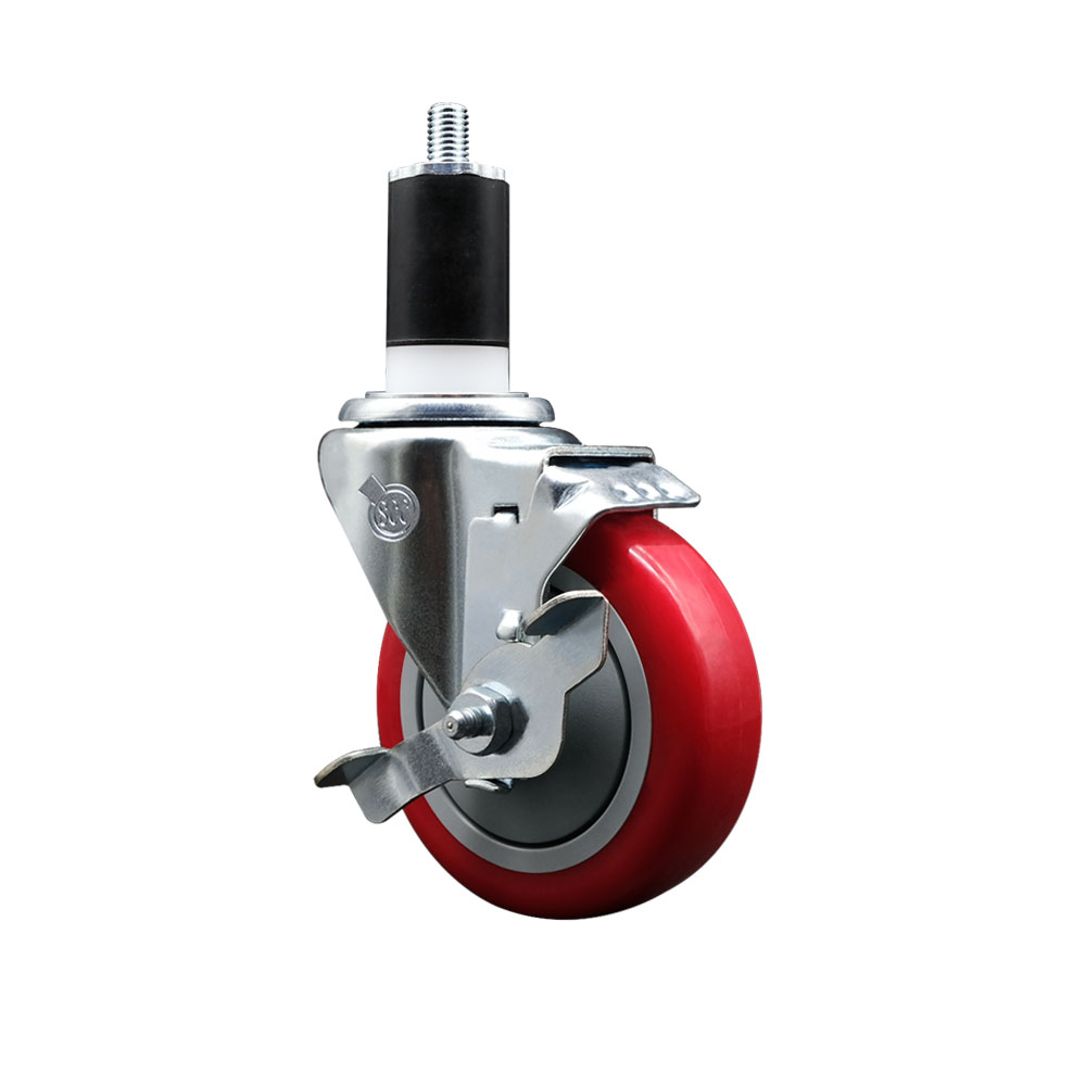 Stainless Steel Polyurethane Expanding Stem Swivel Caster with 4 Inch Red Wheel and 1-1/2" Stem & Top Locking Brake - 350 lbs. Capacity Per Caster - Service Caster Brand — photo 1