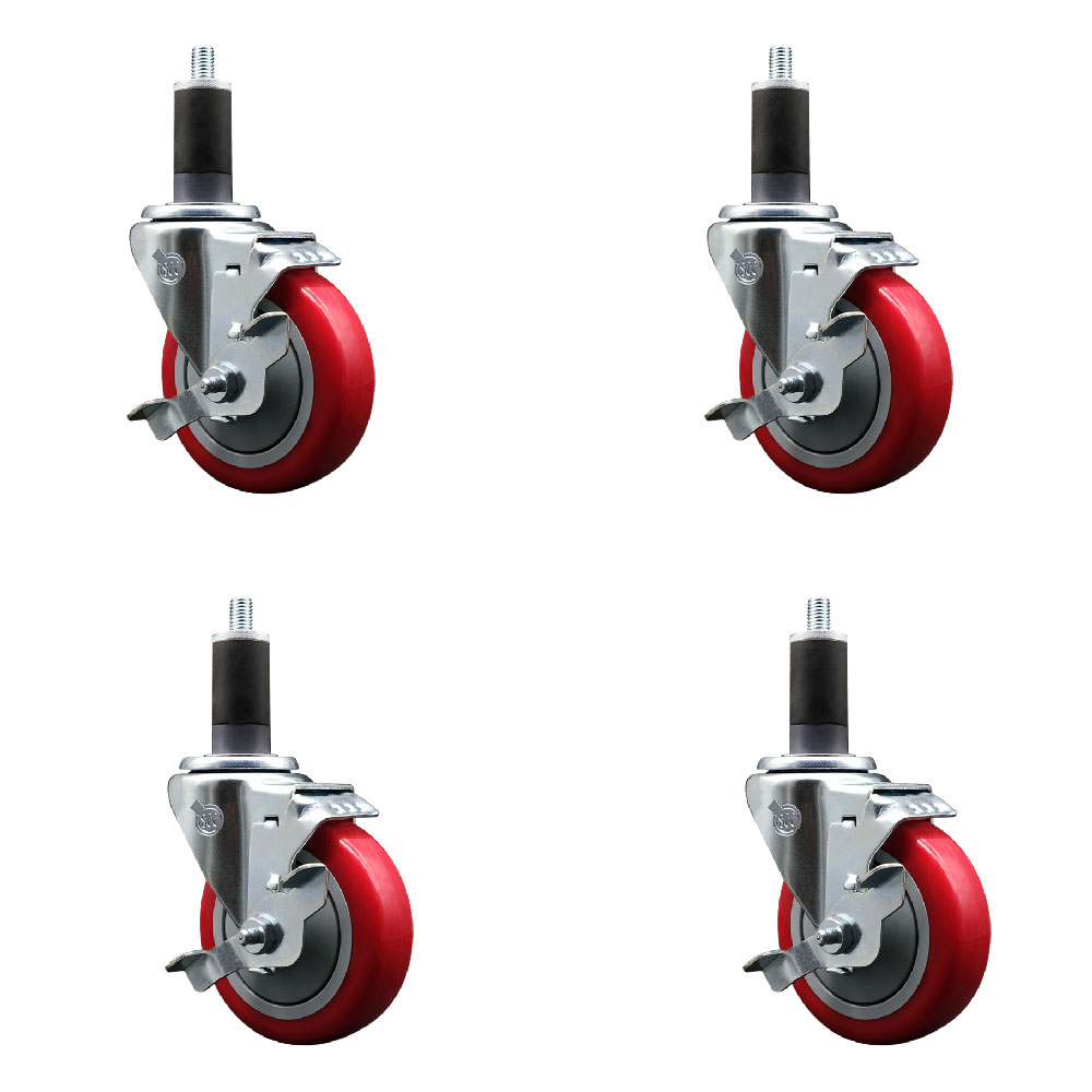 Polyurethane Swivel Expanding Stem Caster Set of 4 with 4 Inch Red Wheels and 1-1/4" Stems - Includes 4 Swivel with Top Locking Brakes - 350 lbs. Capacity Per Caster - Service Caster Brand — photo 1