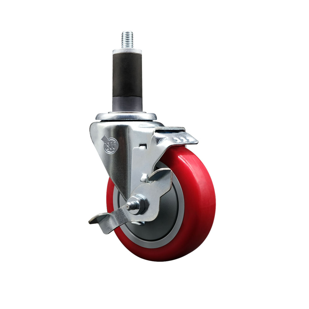 Polyurethane Expanding Stem Swivel Caster with 4 Inch Red Wheel and 1-1/4" Stem & Top Locking Brake - 350 lbs. Capacity Per Caster - Service Caster Brand — photo 1