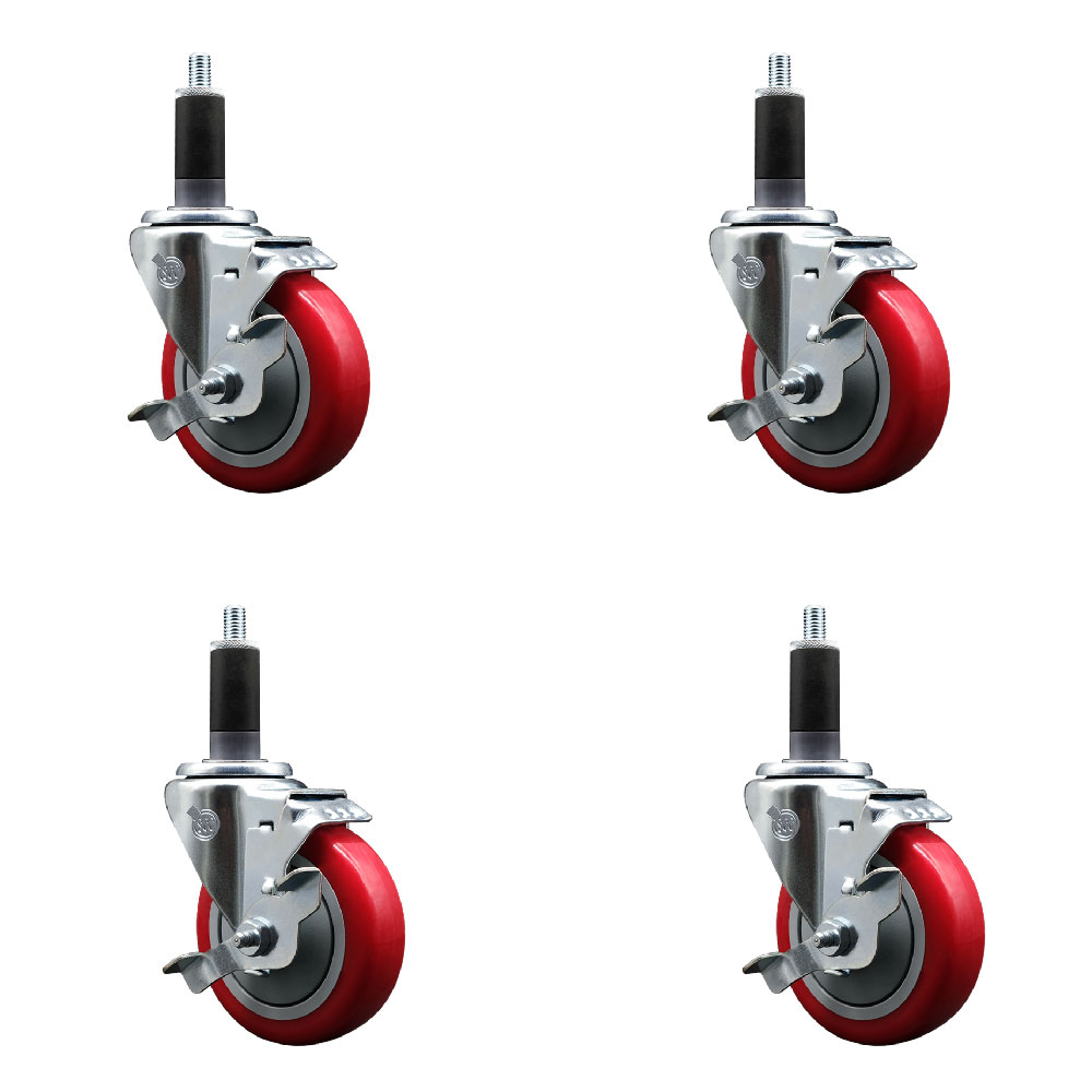Polyurethane Swivel Expanding Stem Caster Set of 4 with 4 Inch Red Wheels and 1-1/8" Stems - Includes 4 Swivel with Top Locking Brakes - 350 lbs. Capacity Per Caster - Service Caster Brand — photo 1