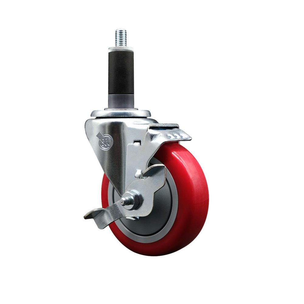 Polyurethane Expanding Stem Swivel Caster with 4 Inch Red Wheel and 1-1/8" Stem & Top Locking Brake - 350 lbs. Capacity Per Caster - Service Caster Brand — photo 1