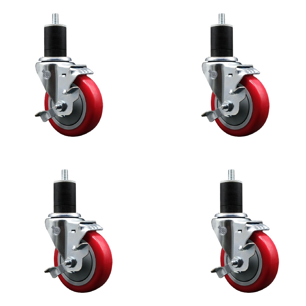 Polyurethane Swivel Expanding Stem Caster Set of 4 with 4 Inch Red Wheels and 1-3/4" Stems - Includes 4 Swivel with Top Locking Brakes - 350 lbs. Capacity Per Caster - Service Caster Brand — photo 1