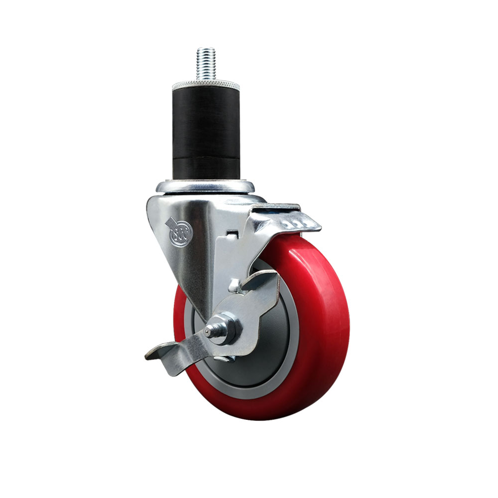 Polyurethane Expanding Stem Swivel Caster with 4 Inch Red Wheel and 1-3/4" Stem & Top Locking Brake - 350 lbs. Capacity Per Caster - Service Caster Brand — photo 1