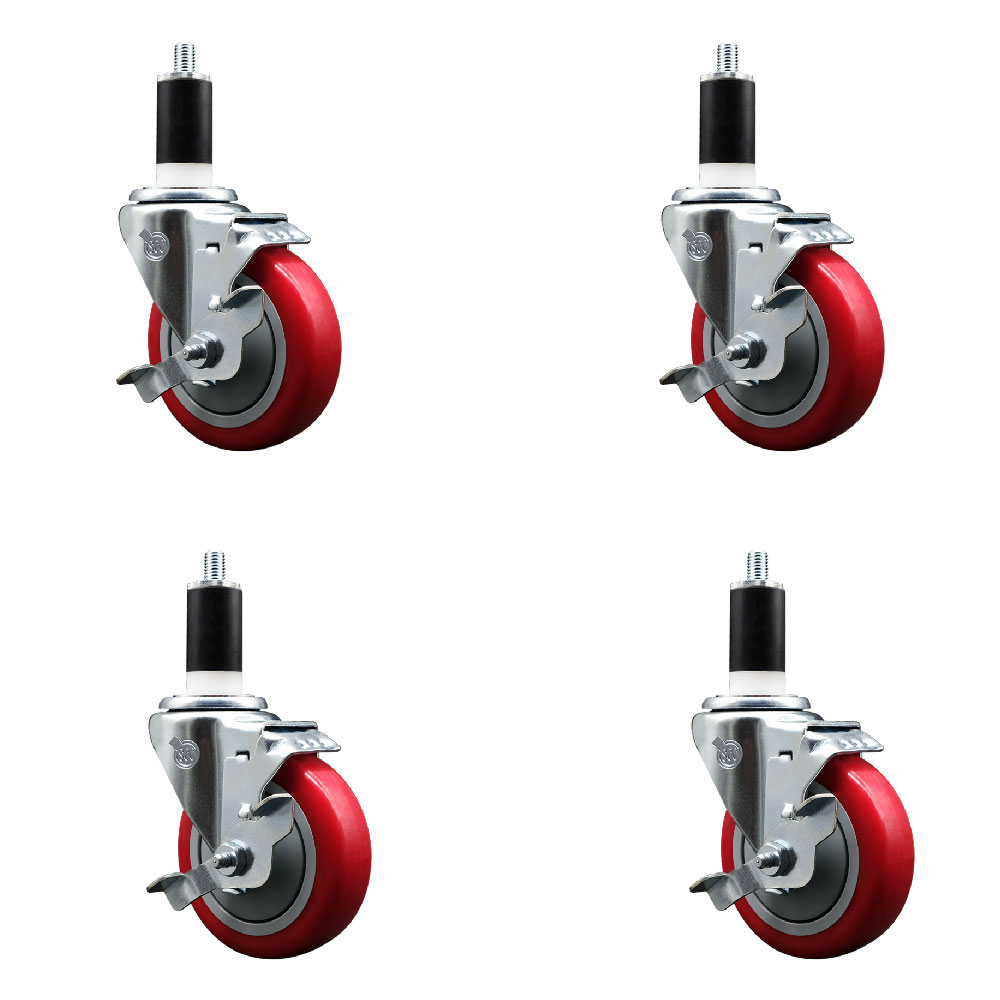 Polyurethane Swivel Expanding Stem Caster Set of 4 with 4 Inch Red Wheels and 1-3/8" Stems - Includes 4 Swivel with Top Locking Brakes - 350 lbs. Capacity Per Caster - Service Caster Brand — photo 1