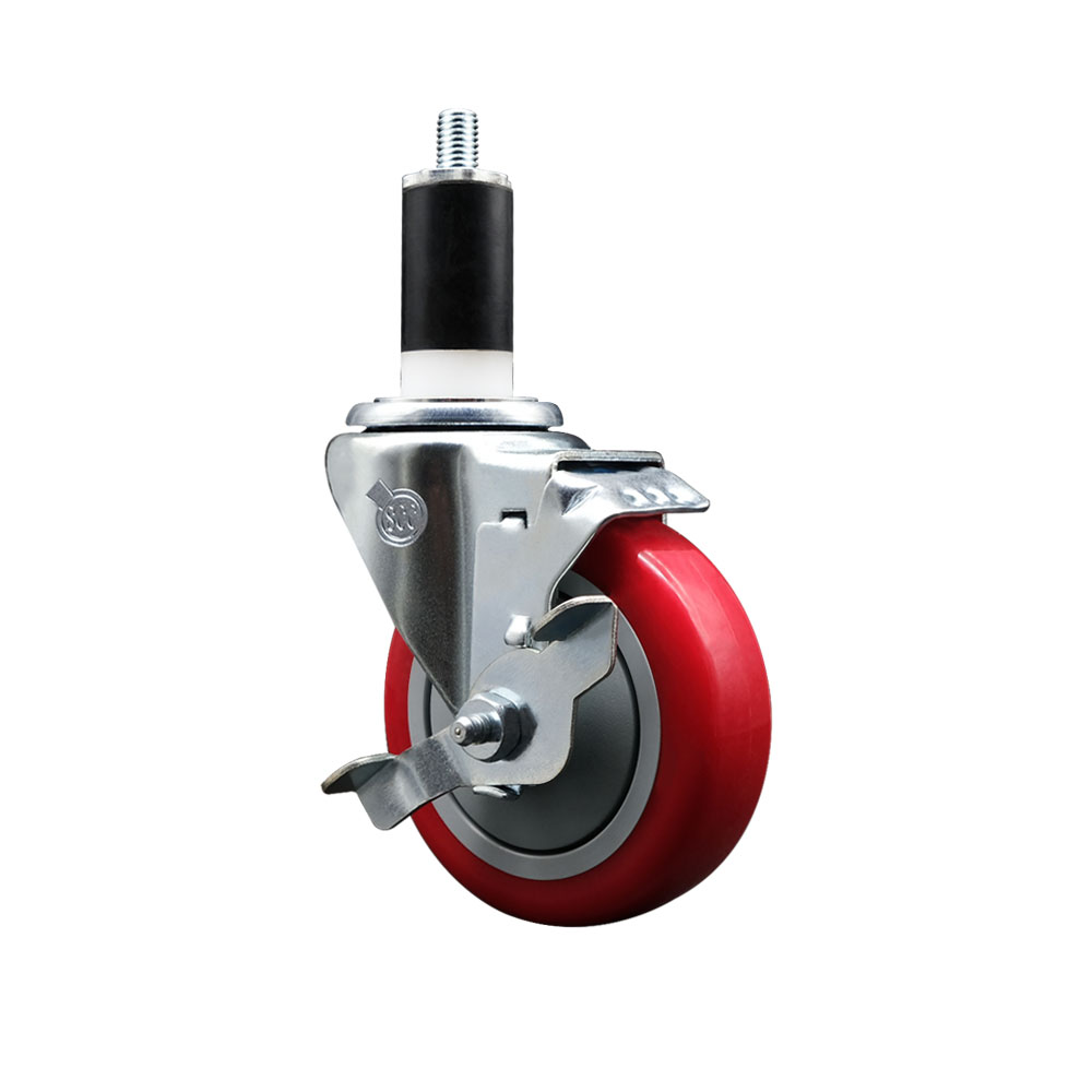 Polyurethane Expanding Stem Swivel Caster with 4 Inch Red Wheel and 1-3/8" Stem & Top Locking Brake - 350 lbs. Capacity Per Caster - Service Caster Brand — photo 1