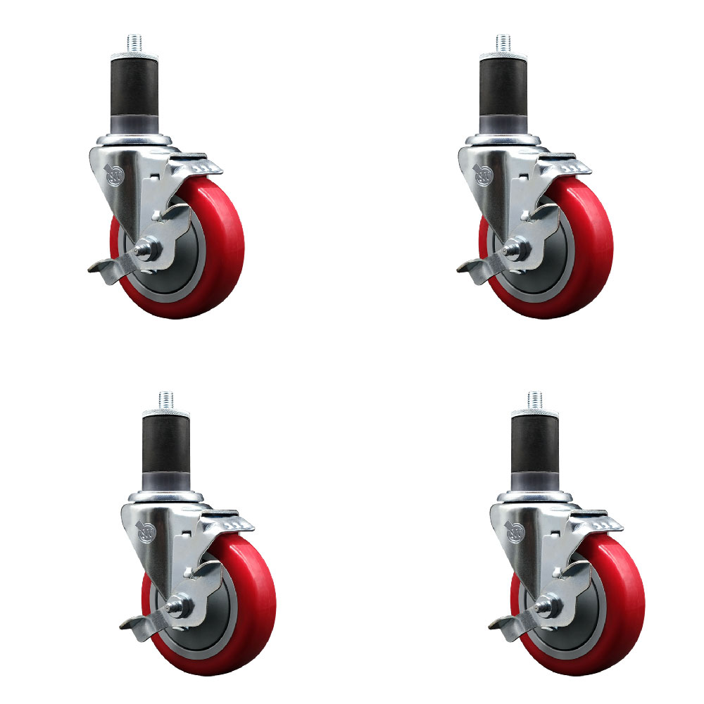Polyurethane Swivel Expanding Stem Caster Set of 4 with 4 Inch Red Wheels and 1-5/8" Stems - Includes 4 Swivel with Top Locking Brakes - 350 lbs. Capacity Per Caster - Service Caster Brand — photo 1