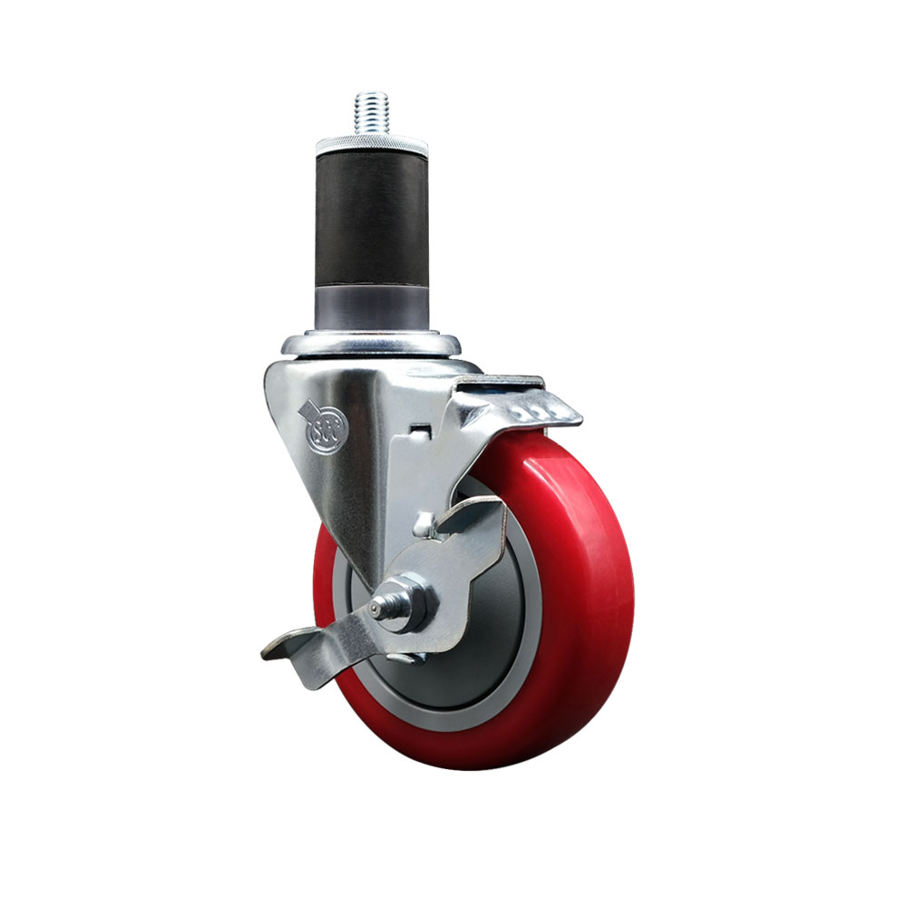 Stainless Steel Polyurethane Expanding Stem Swivel Caster with 4 Inch Red Wheel and 1-5/8" Stem & Top Locking Brake - 350 lbs. Capacity Per Caster - Service Caster Brand — photo 1