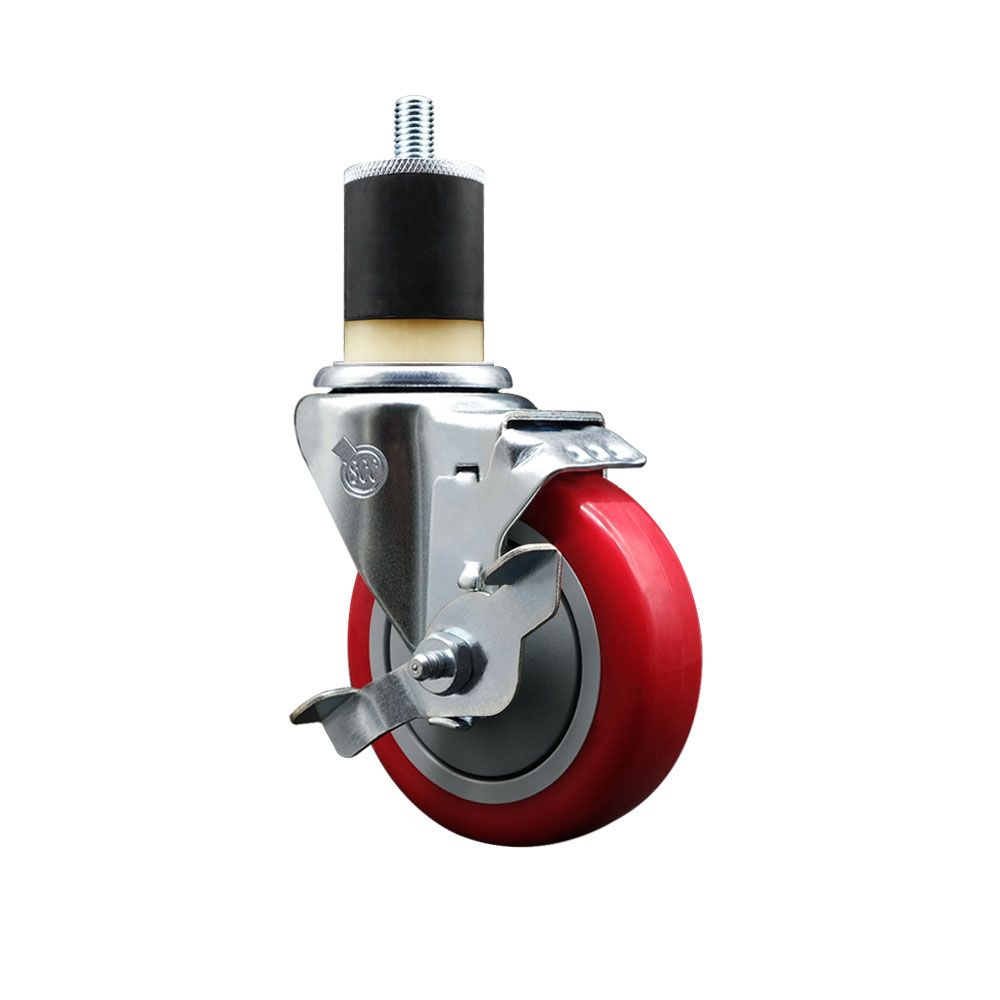 Stainless Steel Polyurethane Expanding Stem Swivel Caster with 4 Inch Red Wheel and 1-7/8" Stem & Top Locking Brake - 350 lbs. Capacity Per Caster - Service Caster Brand — photo 1
