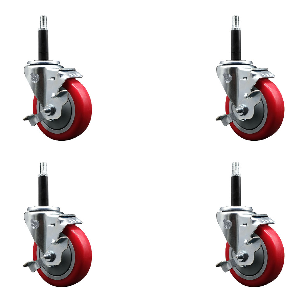 Polyurethane Swivel Expanding Stem Caster Set of 4 with 4 Inch Red Wheels and 3/4" Stems - Includes 4 Swivel with Top Locking Brakes - 350 lbs. Capacity Per Caster - Service Caster Brand — photo 1