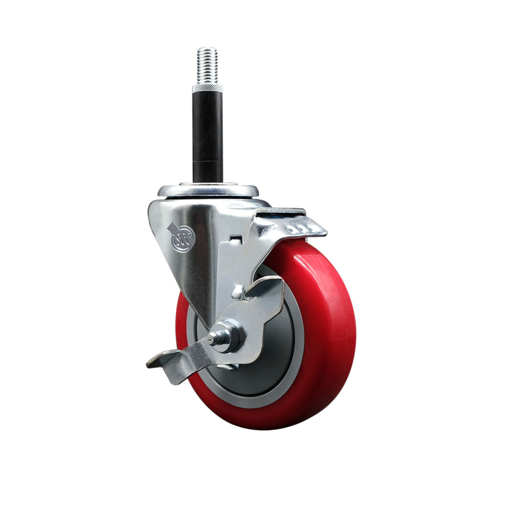 Stainless Steel Polyurethane Expanding Stem Swivel Caster with 4 Inch Red Wheel and 3/4" Stem & Top Locking Brake - 350 lbs. Capacity Per Caster - Service Caster Brand — photo 1