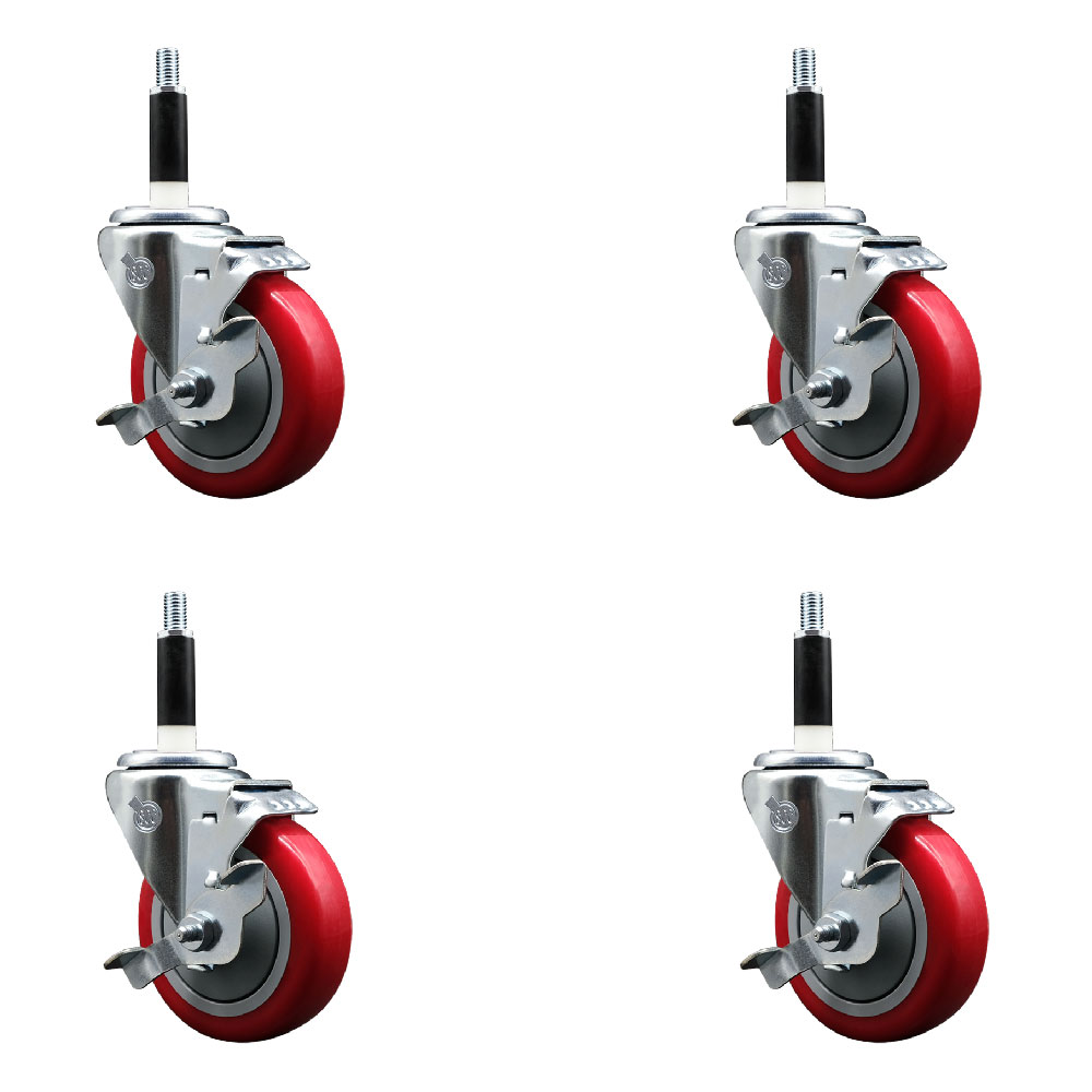 Polyurethane Swivel Expanding Stem Caster Set of 4 with 4 Inch Red Wheels and 7/8" Stems - Includes 4 Swivel with Top Locking Brakes - 350 lbs. Capacity Per Caster - Service Caster Brand — photo 1