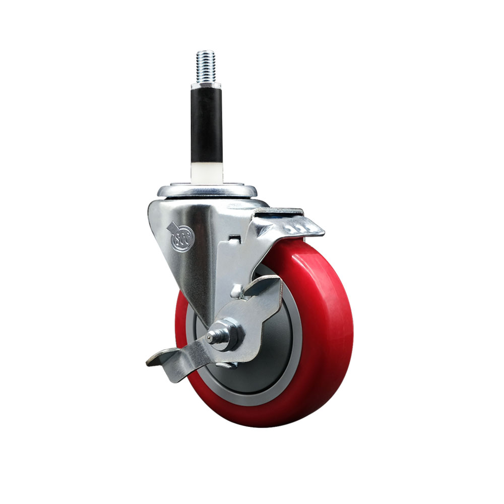 Polyurethane Expanding Stem Swivel Caster with 4 Inch Red Wheel and 7/8" Stem & Top Locking Brake - 350 lbs. Capacity Per Caster - Service Caster Brand — photo 1