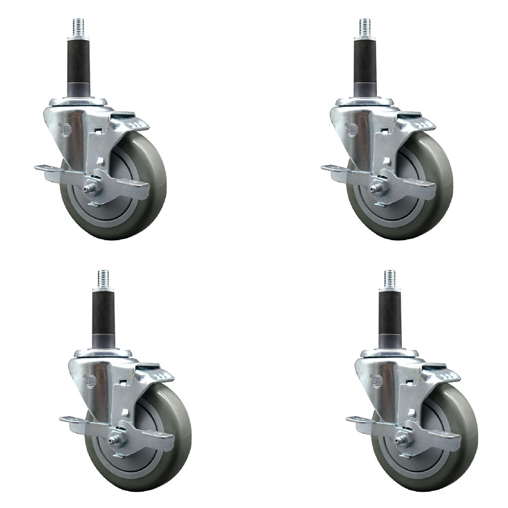 Stainless Steel Polyurethane Swivel Expanding Stem Caster Set of 4 with 4 Inch Gray Wheels and 1" Stems - 4 Swivel with Top Locking Brakes - 350 lbs. Capacity Per Caster - Service Caster Brand — photo 1