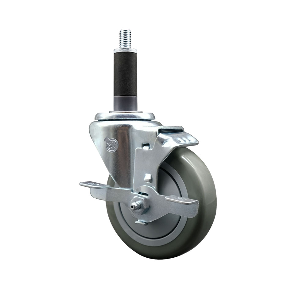 Stainless Steel Polyurethane Expanding Stem Swivel Caster with 4 Inch Gray Wheel and 1" Stem & Top Locking Brake - 350 lbs. Capacity Per Caster - Service Caster Brand — photo 1