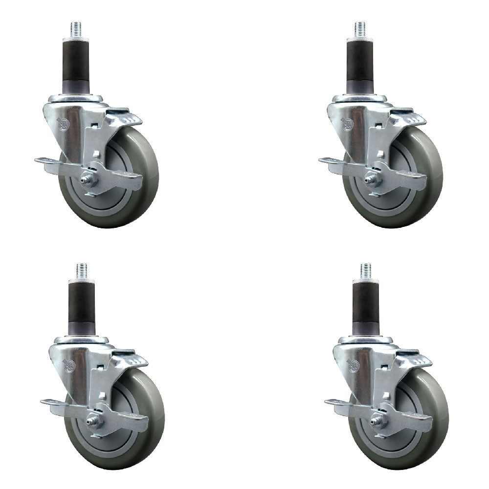 Polyurethane Swivel Expanding Stem Caster Set of 4 with 4 Inch Gray Wheels and 1-1/4" Stems - Includes 4 Swivel with Top Locking Brakes - 350 lbs. Capacity Per Caster - Service Caster Brand — photo 1
