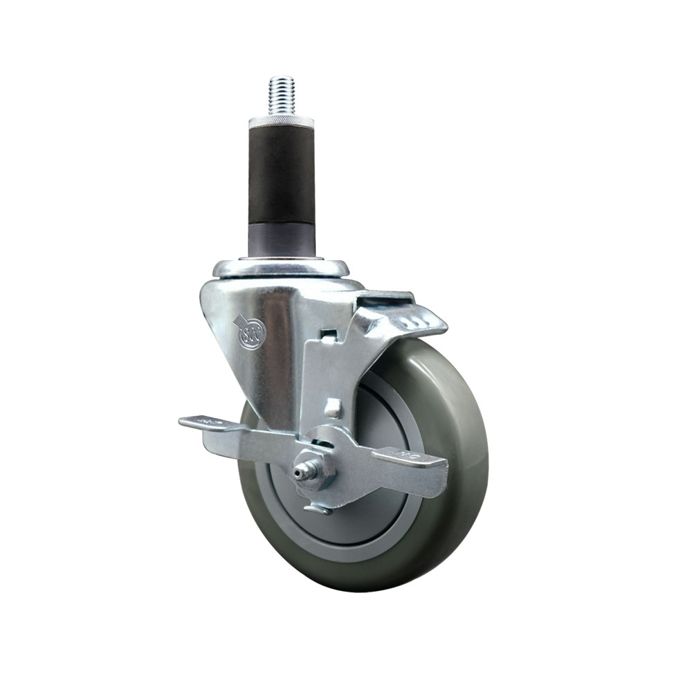Polyurethane Expanding Stem Swivel Caster with 4 Inch Gray Wheel and 1-1/4" Stem & Top Locking Brake - 350 lbs. Capacity Per Caster - Service Caster Brand — photo 1