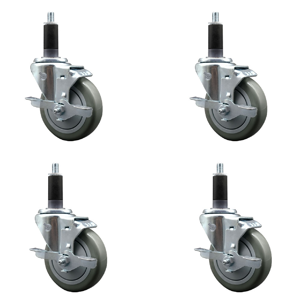 Stainless Steel Polyurethane Swivel Expanding Stem Caster Set of 4 with 4 Inch Gray Wheels and 1-1/8" Stems - 4 Swivel with Top Locking Brakes - 350 lbs. Capacity Per Caster - Service Caster Brand — photo 1