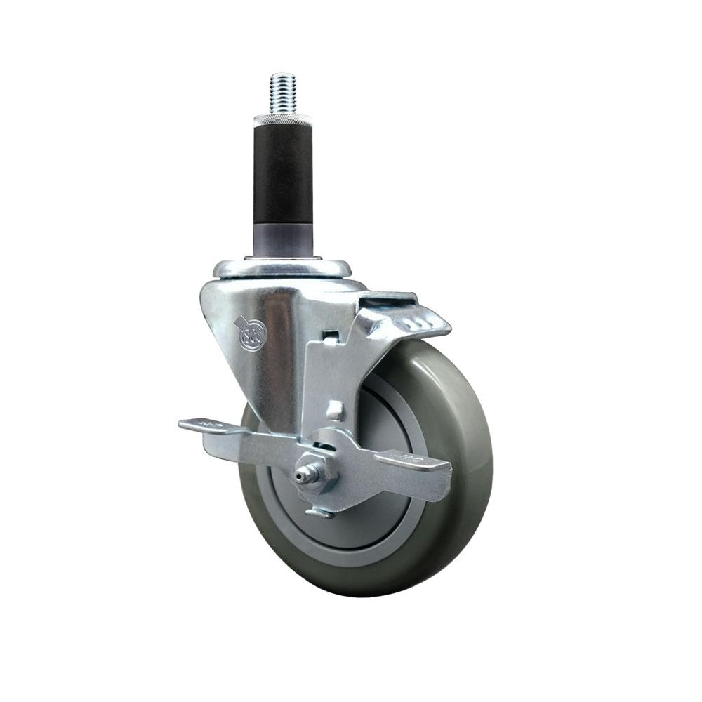 Polyurethane Expanding Stem Swivel Caster with 4 Inch Gray Wheel and 1-1/8" Stem & Top Locking Brake - 350 lbs. Capacity Per Caster - Service Caster Brand — photo 1