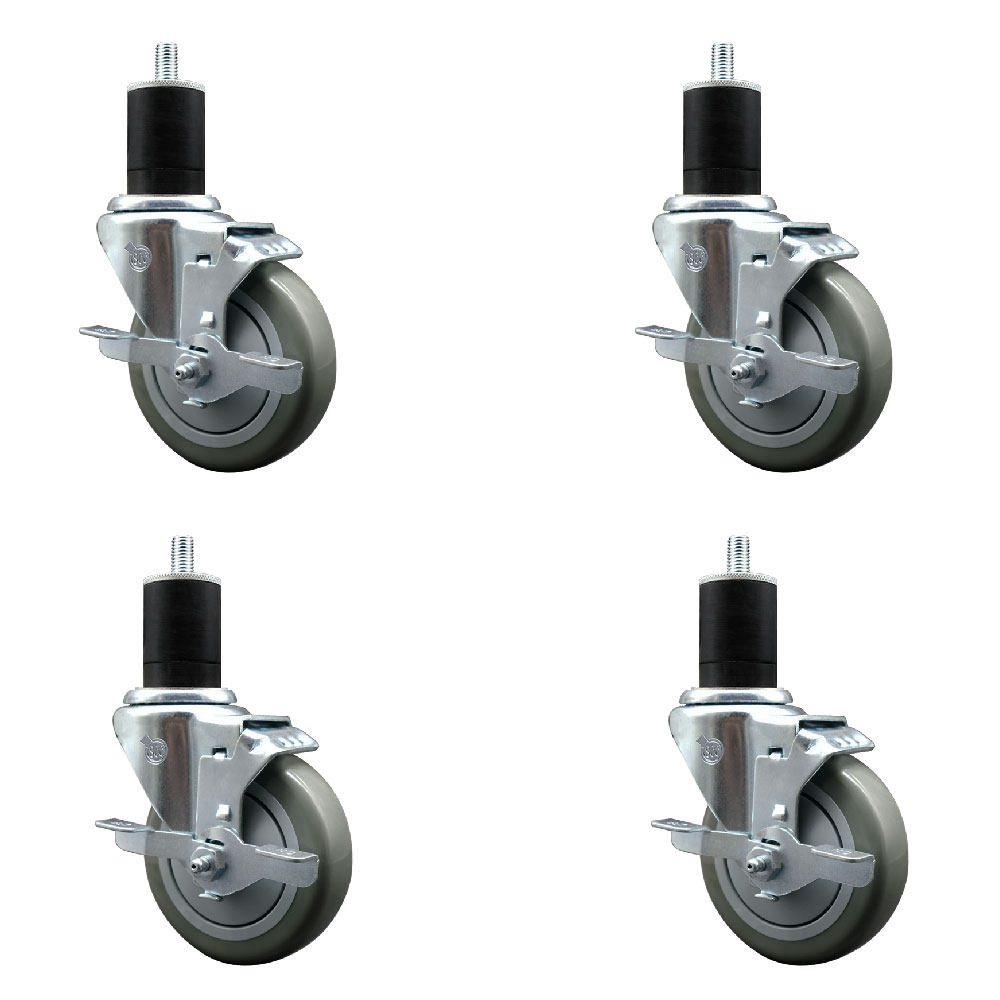 Stainless Steel Polyurethane Swivel Expanding Stem Caster Set of 4 with 4 Inch Gray Wheels and 1-3/4" Stems - 4 Swivel with Top Locking Brakes - 350 lbs. Capacity Per Caster - Service Caster Brand — photo 1
