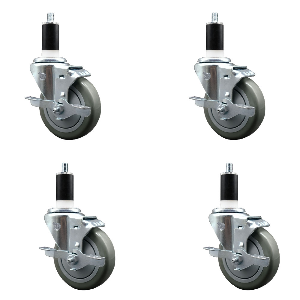 Stainless Steel Polyurethane Swivel Expanding Stem Caster Set of 4 with 4 Inch Gray Wheels and 1-3/8" Stems - 4 Swivel with Top Locking Brakes - 350 lbs. Capacity Per Caster - Service Caster Brand — photo 1