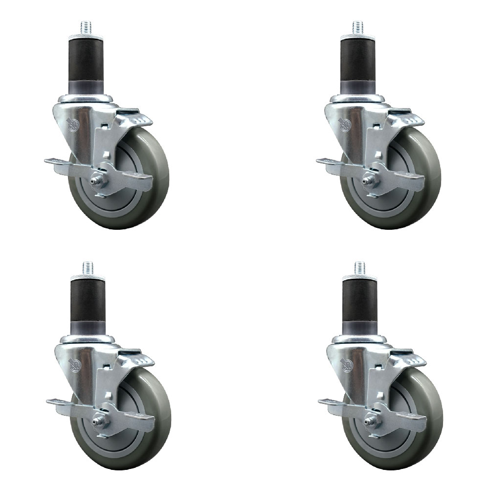 Polyurethane Swivel Expanding Stem Caster Set of 4 with 4 Inch Gray Wheels and 1-5/8" Stems - Includes 4 Swivel with Top Locking Brakes - 350 lbs. Capacity Per Caster - Service Caster Brand — photo 1