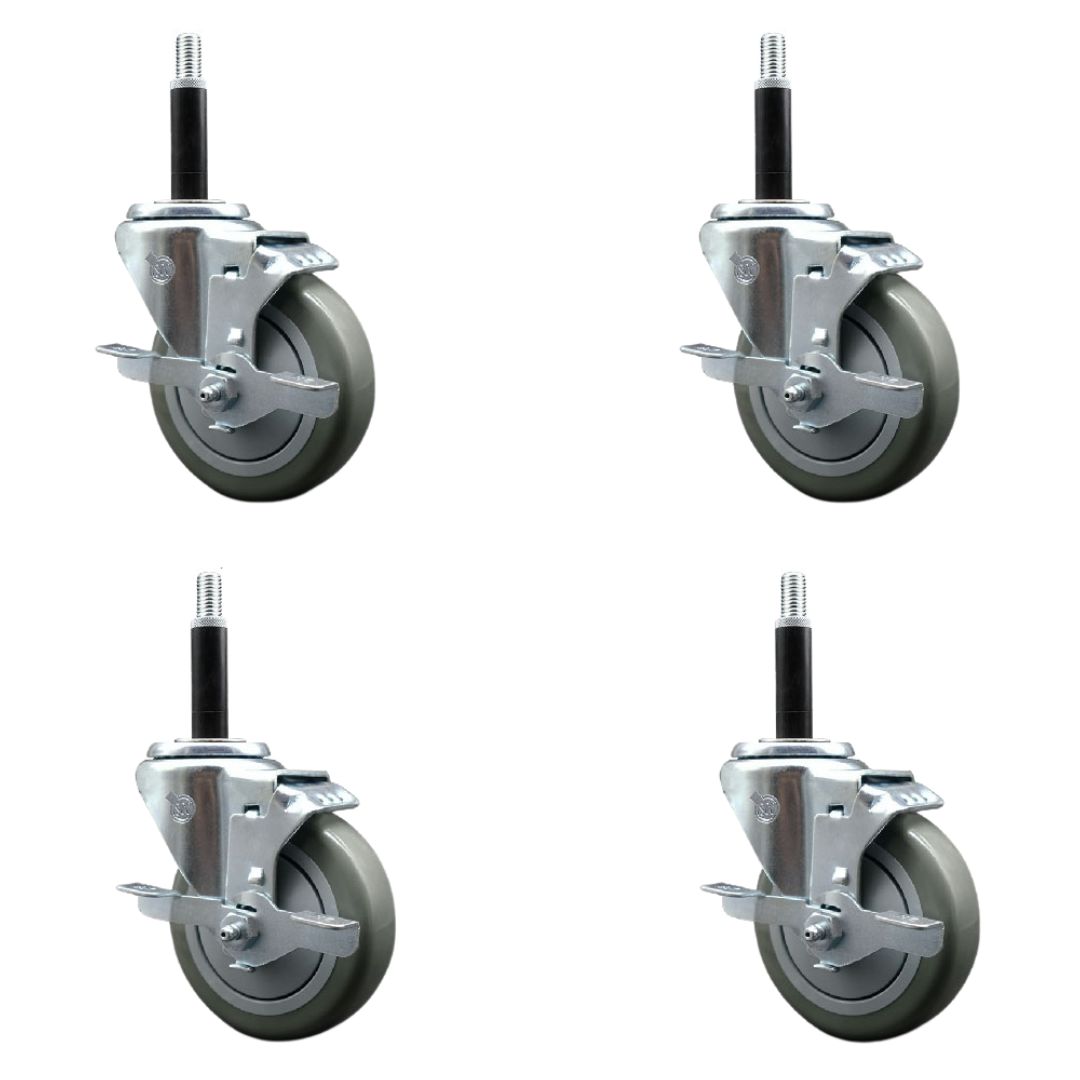 Polyurethane Swivel Expanding Stem Caster Set of 4 with 4 Inch Gray Wheels and 3/4" Stems - Includes 4 Swivel with Top Locking Brakes - 350 lbs. Capacity Per Caster - Service Caster Brand — photo 1