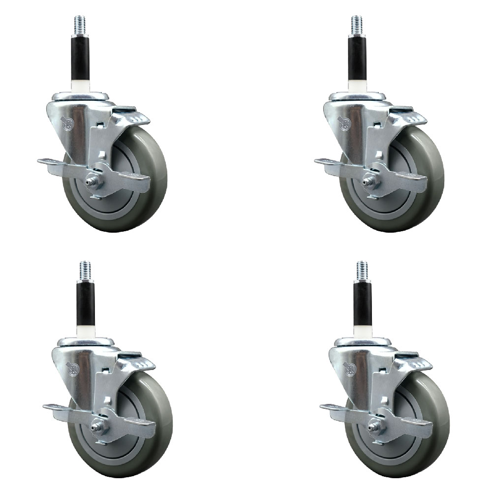 Stainless Steel Polyurethane Swivel Expanding Stem Caster Set of 4 with 4 Inch Gray Wheels and 7/8" Stems - 4 Swivel with Top Locking Brakes - 350 lbs. Capacity Per Caster - Service Caster Brand — photo 1