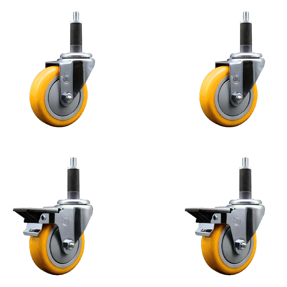 Polyurethane Swivel Expanding Stem Caster Set of 4 with 4 Inch Yellow Wheels and 1" Stems - Includes 2 with Posi Locking Brakes - 1400 lbs Total Capacity - Service Caster Brand — photo 1