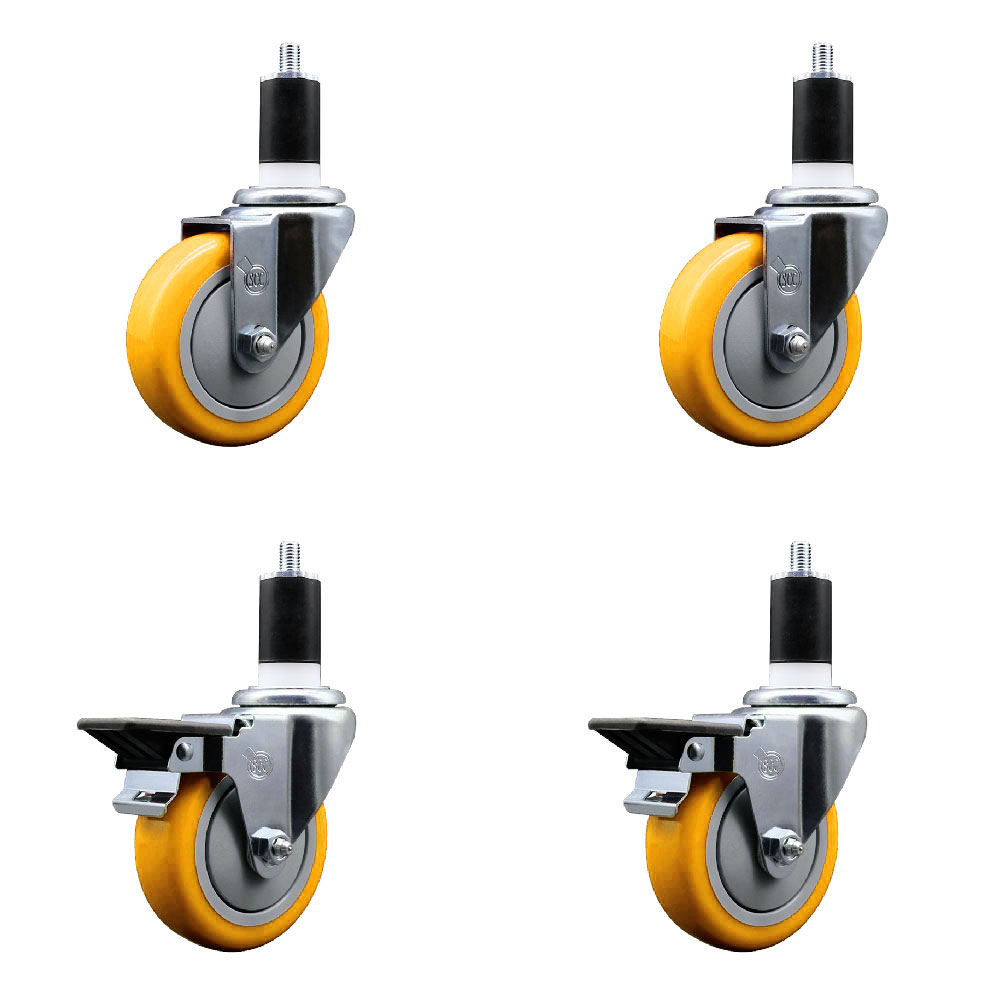 Polyurethane Swivel Expanding Stem Caster Set of 4 with 4 Inch Yellow Wheels and 1-1/2" Stems - Includes 2 with Posi Locking Brakes - 1400 lbs Total Capacity - Service Caster Brand — photo 1
