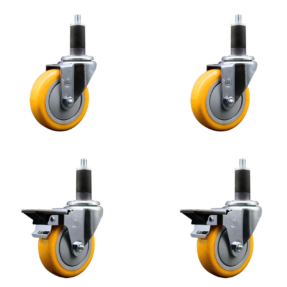 Polyurethane Swivel Expanding Stem Caster Set of 4 with 4 Inch Yellow Wheels and 1-1/4" Stems - Includes 2 with Posi Locking Brakes - 1400 lbs Total Capacity - Service Caster Brand — photo 1