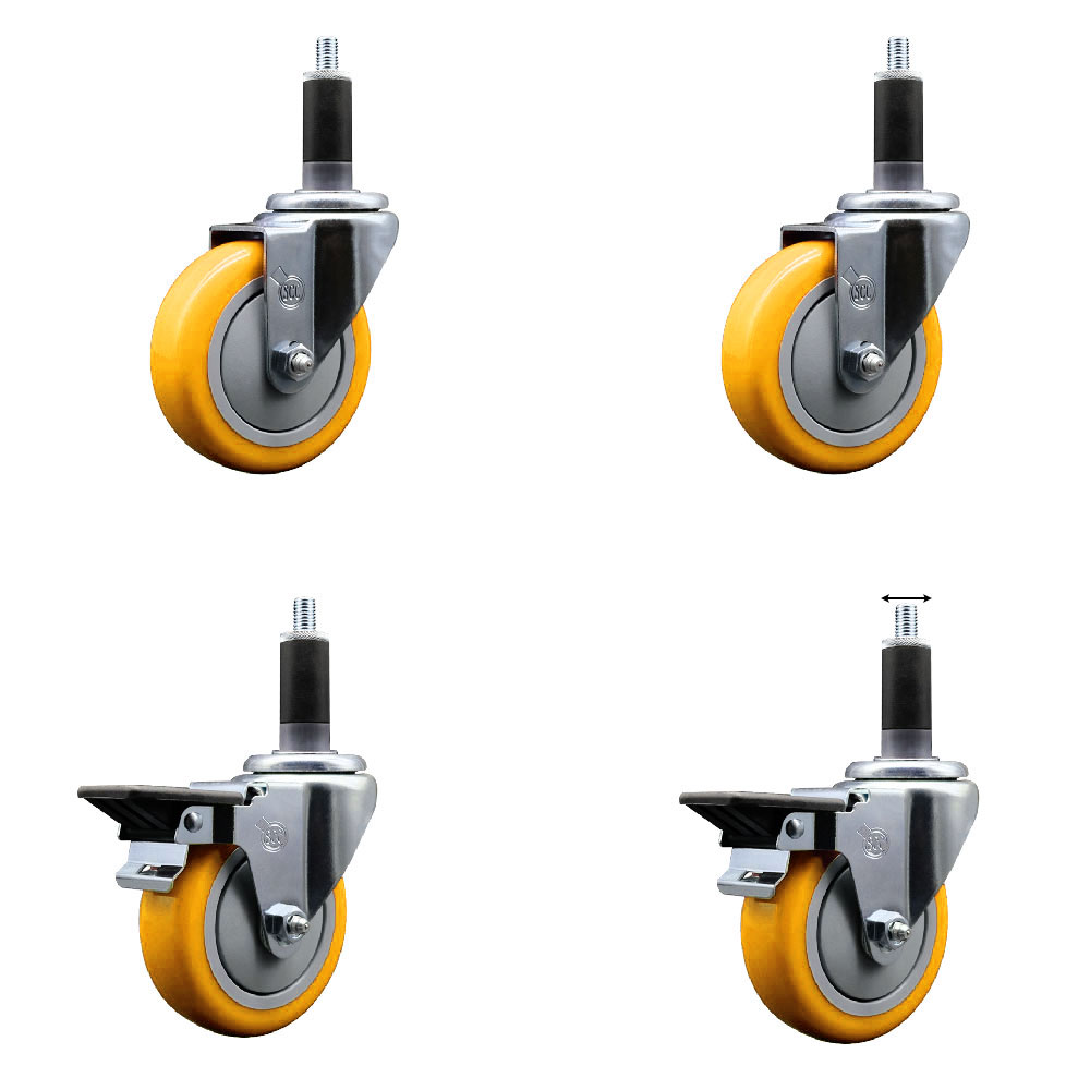 Polyurethane Swivel Expanding Stem Caster Set of 4 with 4 Inch Yellow Wheels and 1-1/8" Stems - Includes 2 with Posi Locking Brakes - 1400 lbs Total Capacity - Service Caster Brand — photo 1