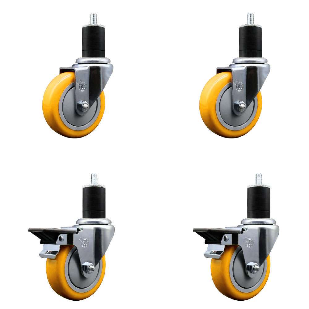 Polyurethane Swivel Expanding Stem Caster Set of 4 with 4 Inch Yellow Wheels and 1-3/4" Stems - Includes 2 with Posi Locking Brakes - 1400 lbs Total Capacity - Service Caster Brand — photo 1