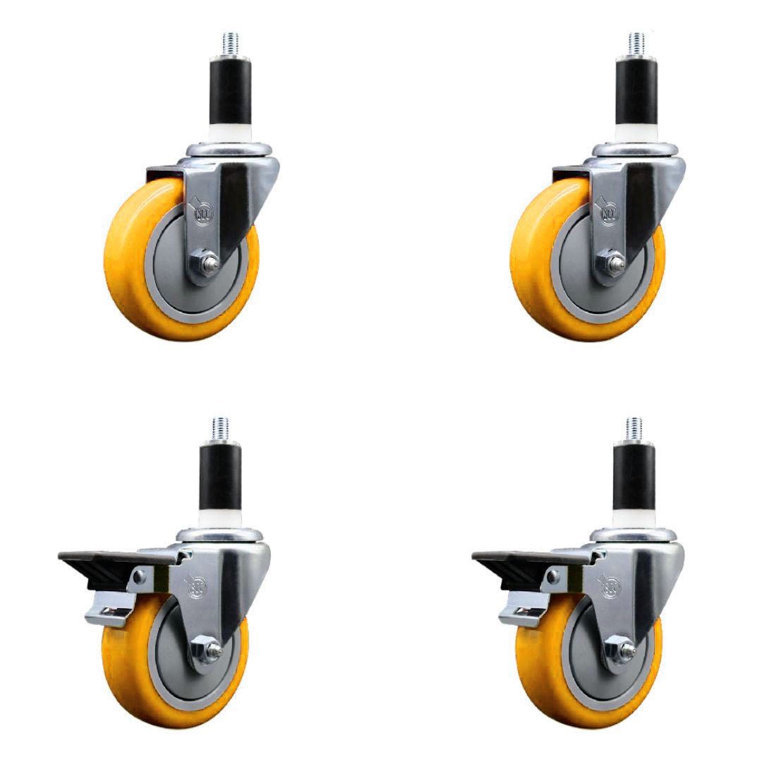 Polyurethane Swivel Expanding Stem Caster Set of 4 with 4 Inch Yellow Wheels and 1-3/8" Stems - Includes 2 with Posi Locking Brakes - 1400 lbs Total Capacity - Service Caster Brand — photo 1