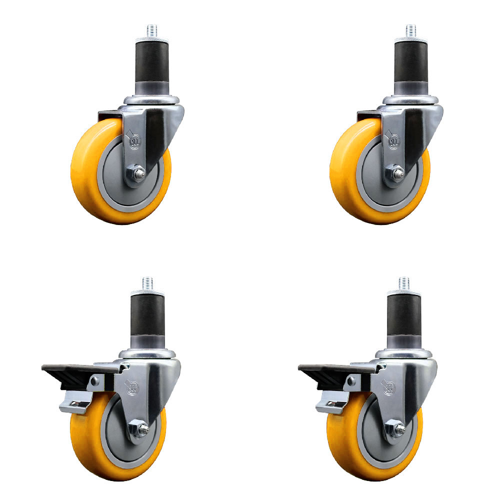 Polyurethane Swivel Expanding Stem Caster Set of 4 with 4 Inch Yellow Wheels and 1-5/8" Stems - Includes 2 with Posi Locking Brakes - 1400 lbs Total Capacity - Service Caster Brand — photo 1